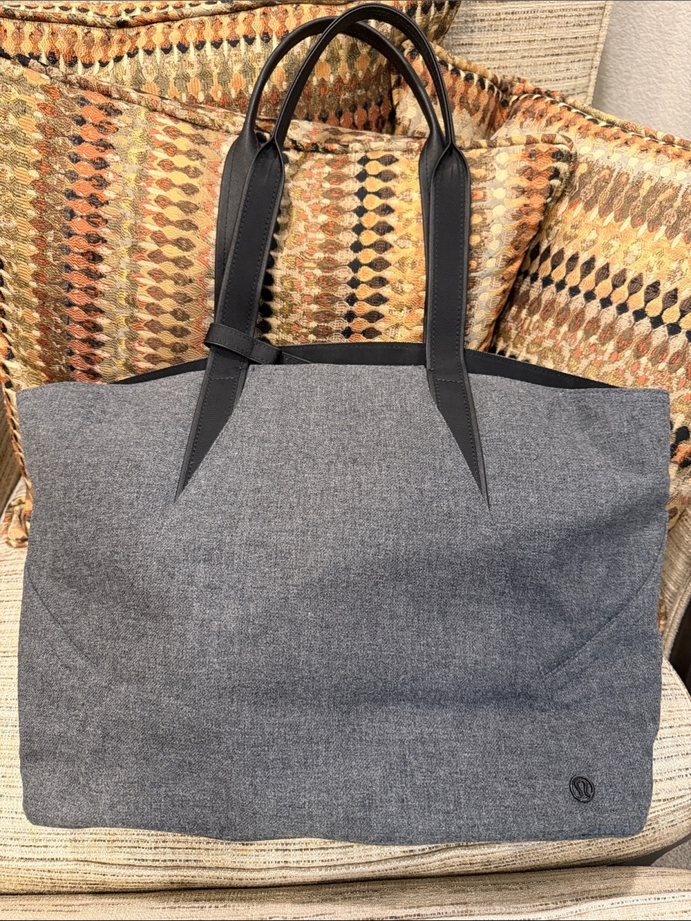 Lululemon Go Wild Gray Canvas Tote with Black Leather Handles